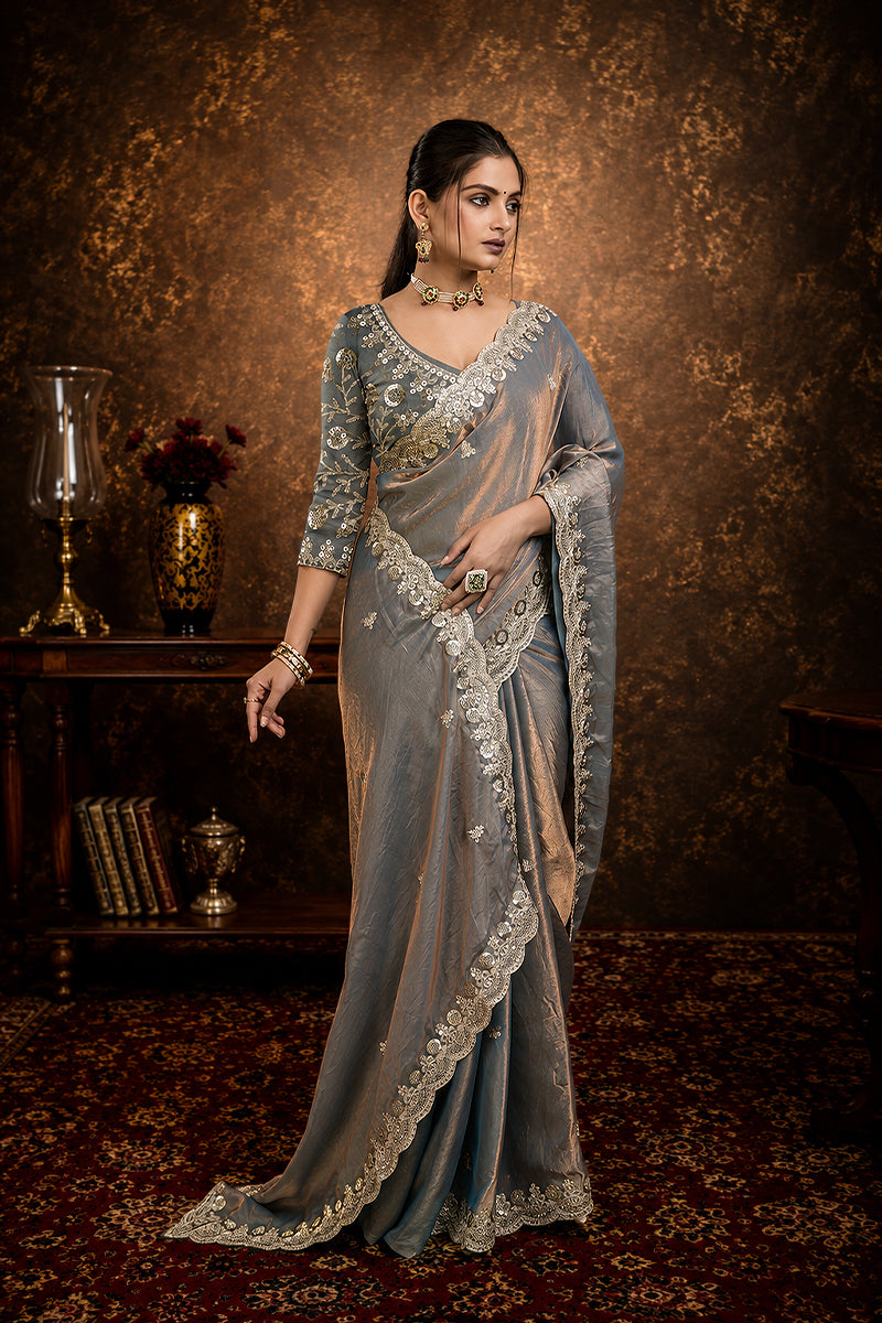 Silver Sequined Embroidered Fancy Chiffon Saree