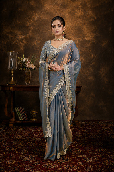 Silver Sequined Embroidered Fancy Chiffon Saree