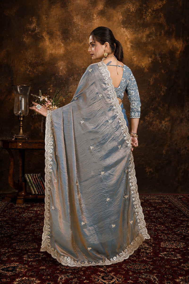 Silver Sequined Embroidered Fancy Chiffon Saree