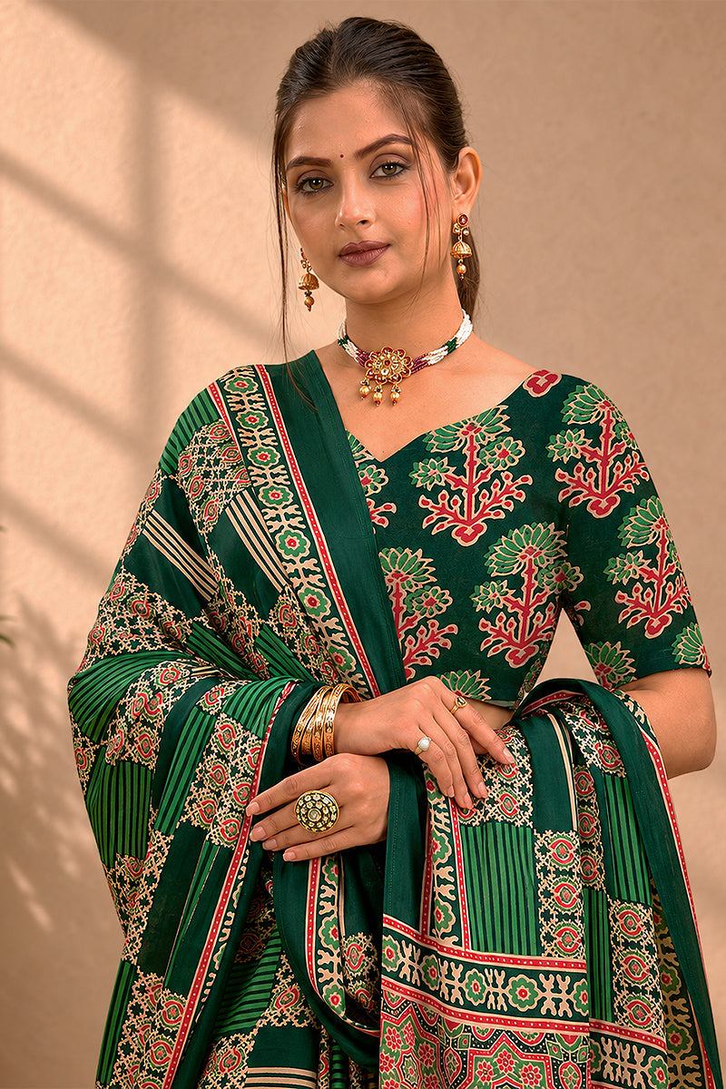 Green Ajrakh Semi Gaji Silk Saree