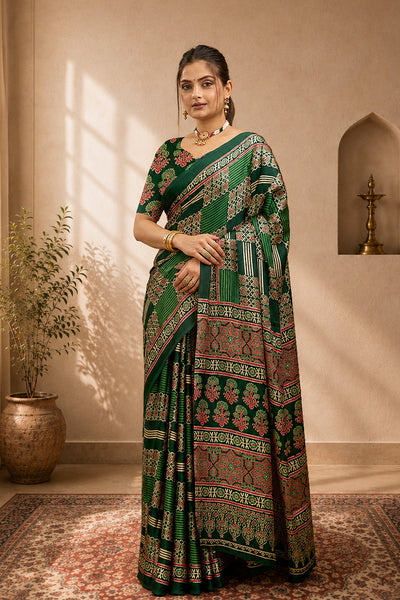 Green Ajrakh Semi Gaji Silk Saree