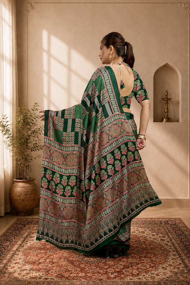 Green Ajrakh Semi Gaji Silk Saree
