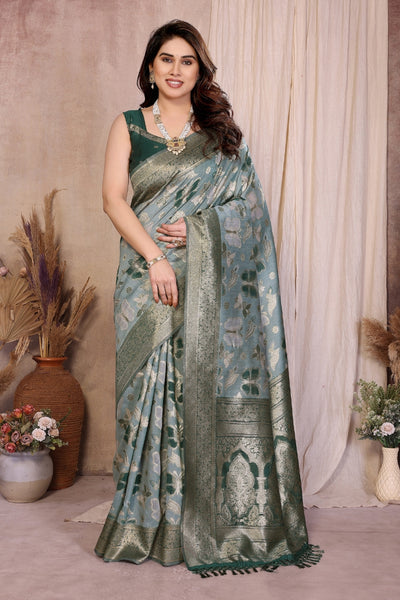 Green Cotton Blend Jacquard Zari Saree