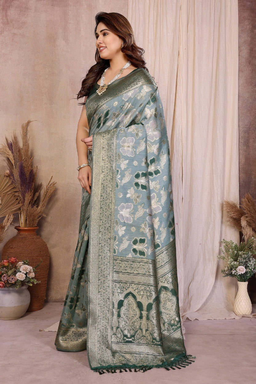 Green Cotton Blend Jacquard Zari Saree