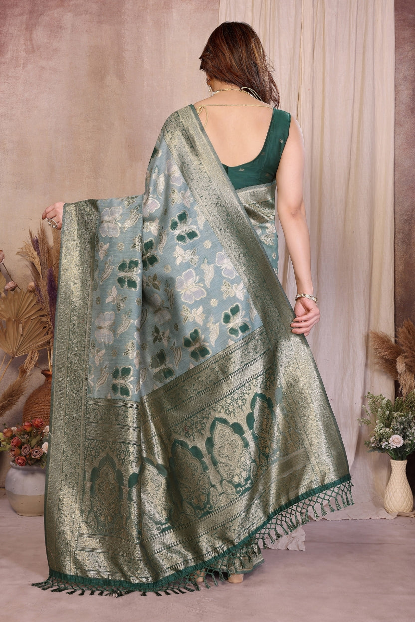 Green Cotton Blend Jacquard Zari Saree