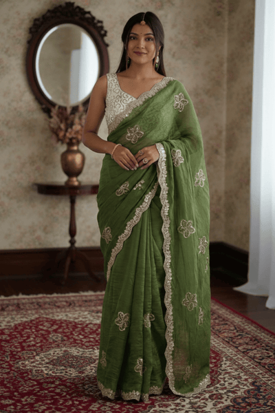 Green Crunchy Silk Embroidery Saree