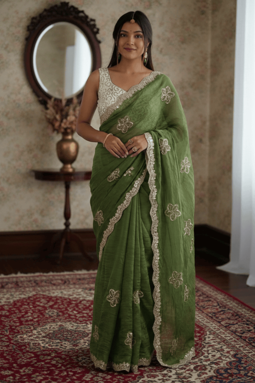Green Crunchy Silk Embroidery Saree