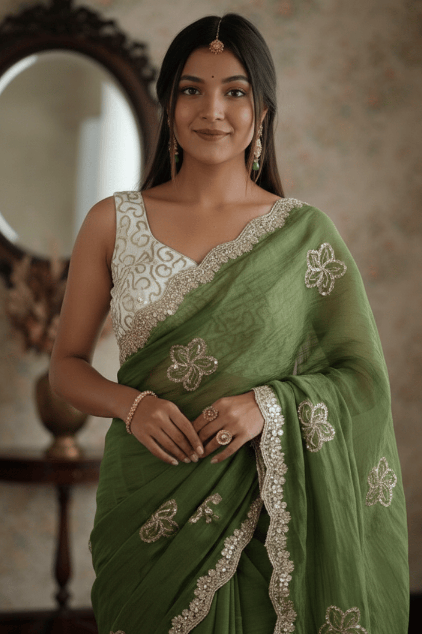 Green Crunchy Silk Embroidery Saree