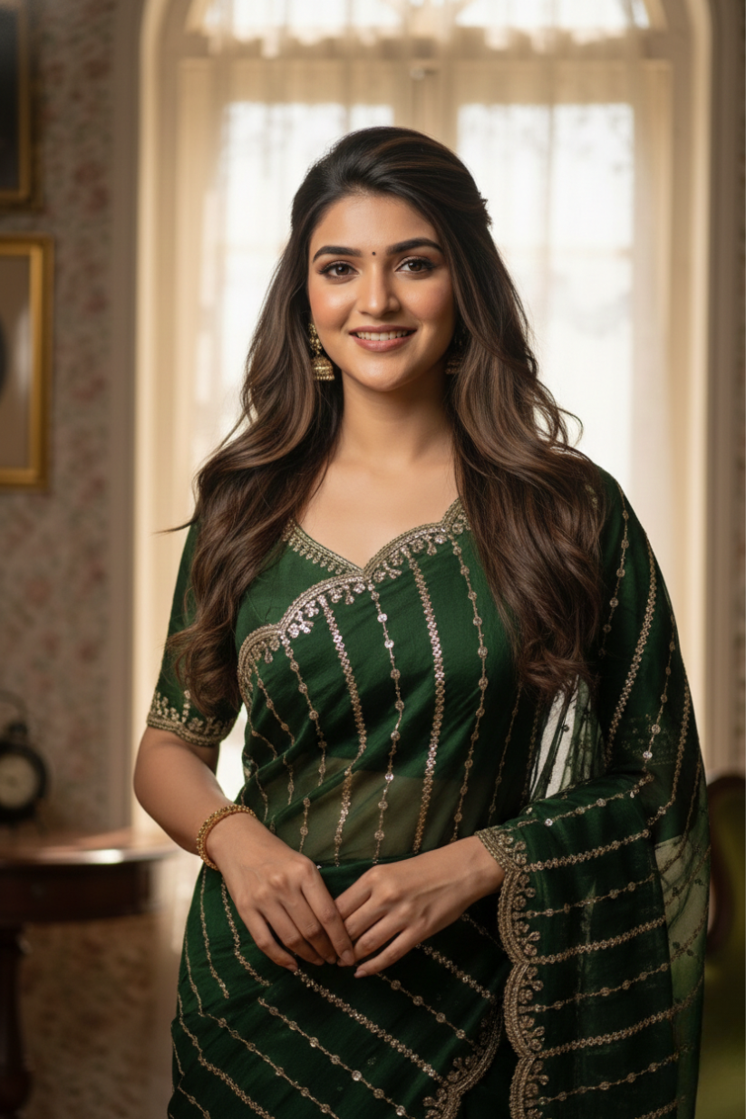 Green Fendi Satin Embroidery Saree
