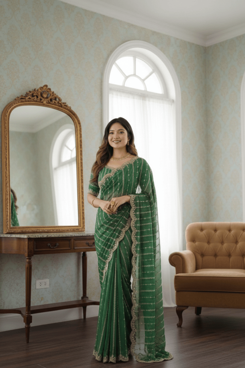 Green Fendi Satin Embroidery Saree