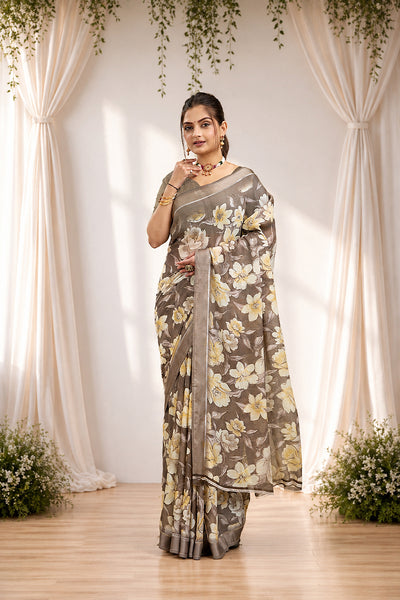 Green Floral Print Bright Moss Satin Border Saree