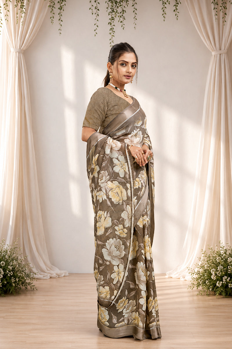 Green Floral Print Bright Moss Satin Border Saree