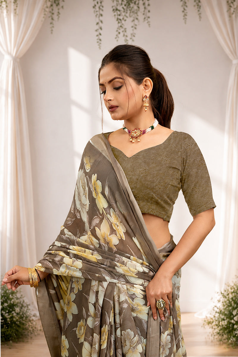 Green Floral Print Bright Moss Satin Border Saree