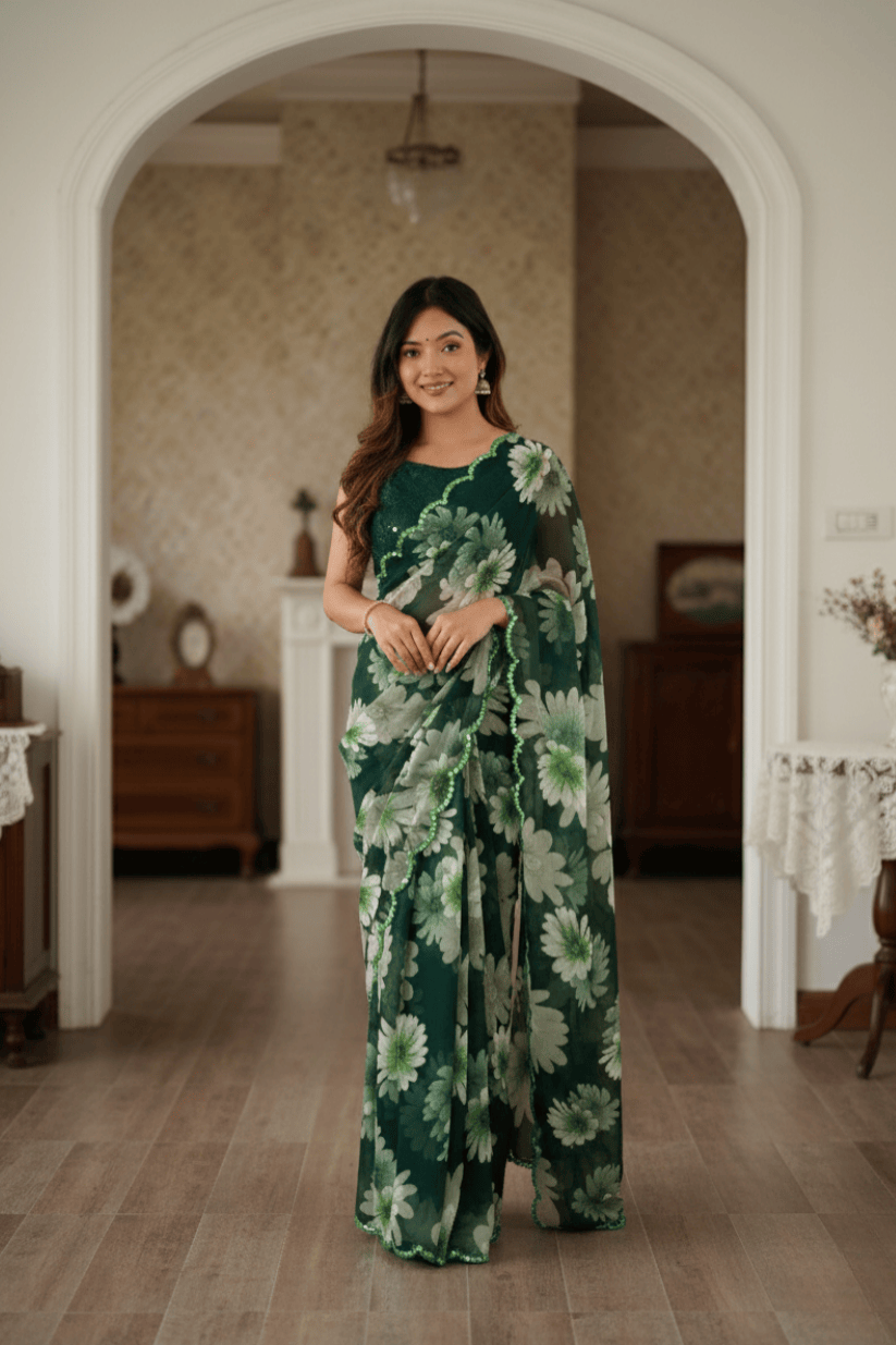 Green Floral Printed Georgette Saree