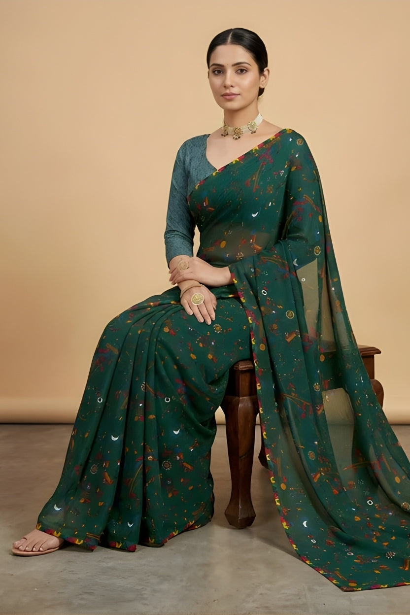 Green Floral Printed Georgette Saree