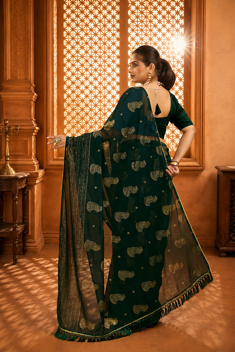 Green Foil Printed Georgette Saree
