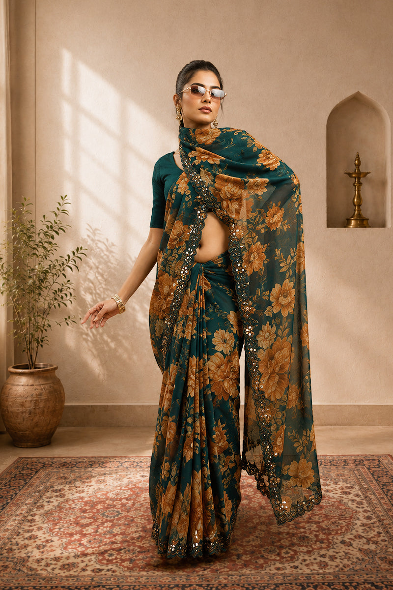 Green Foil Work Border Georgette saree