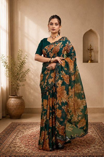 Green Foil Work Border Georgette saree