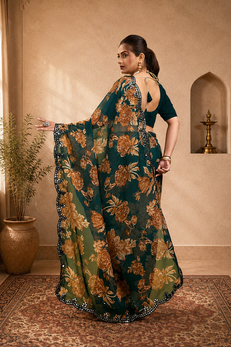 Green Foil Work Border Georgette saree