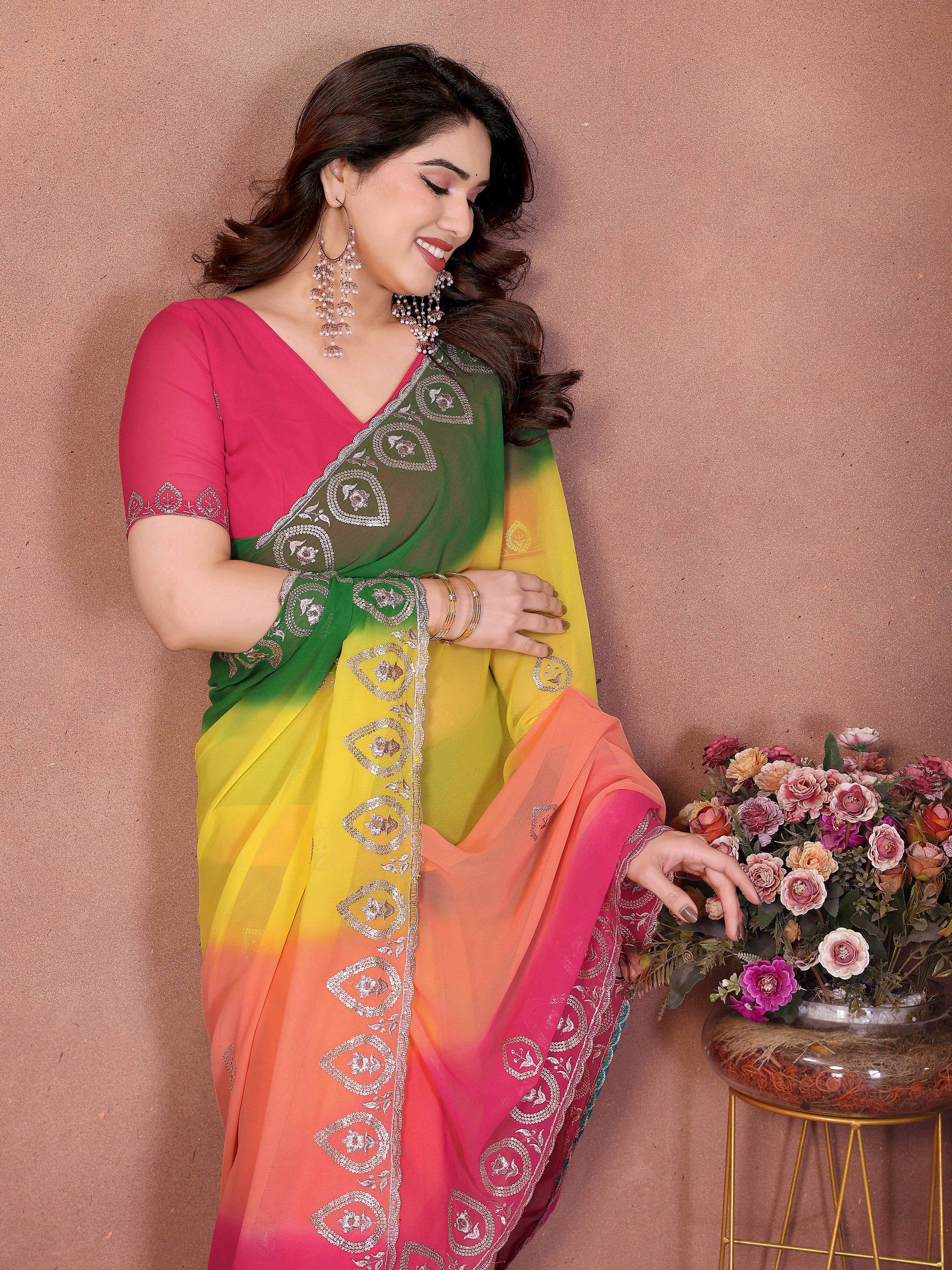 Green Georgette Embroidered Saree