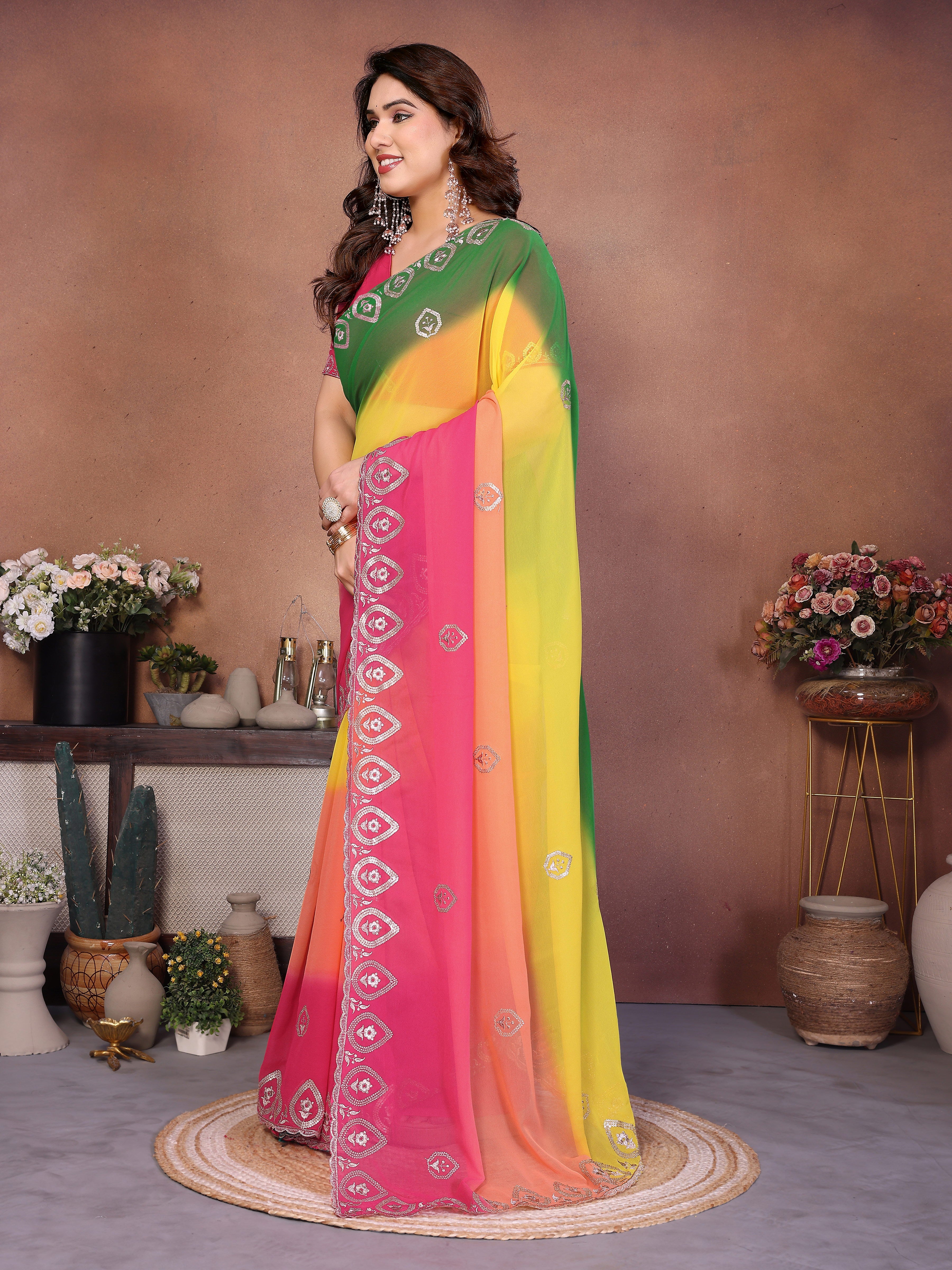 Green Georgette Embroidered Saree