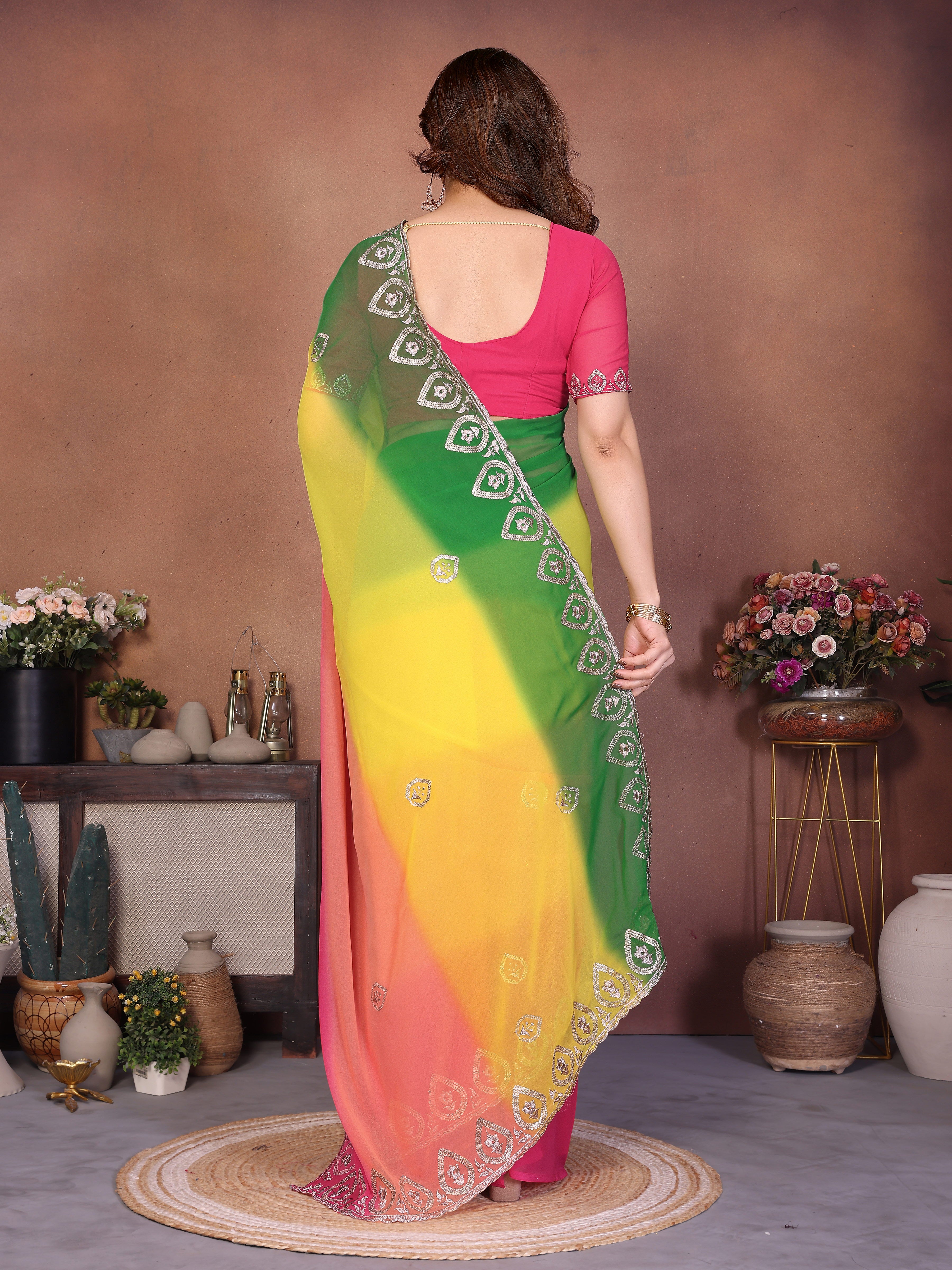 Green Georgette Embroidered Saree