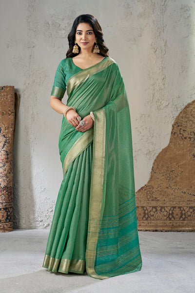 Green Linen Cotton Zari Border Saree