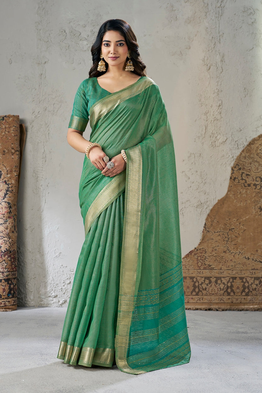 Green Linen Cotton Zari Border Saree