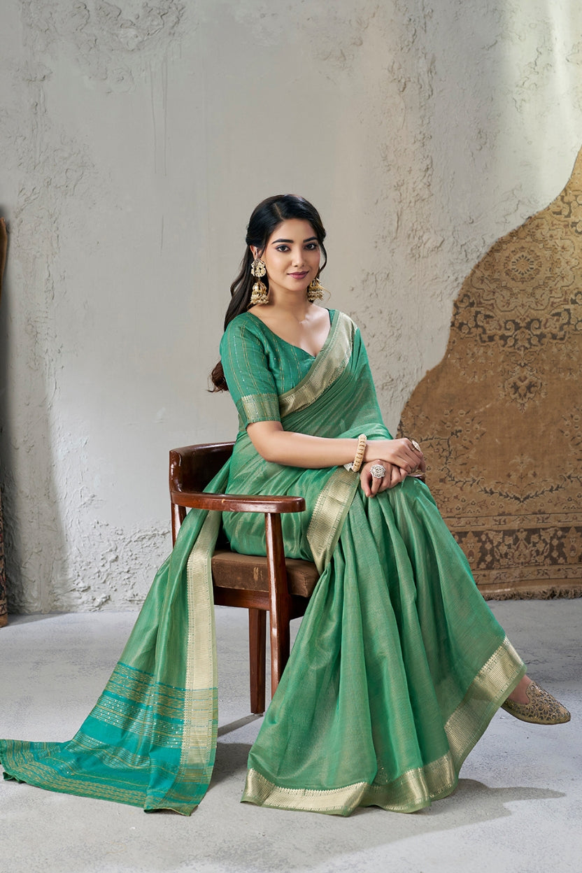 Green Linen Cotton Zari Border Saree