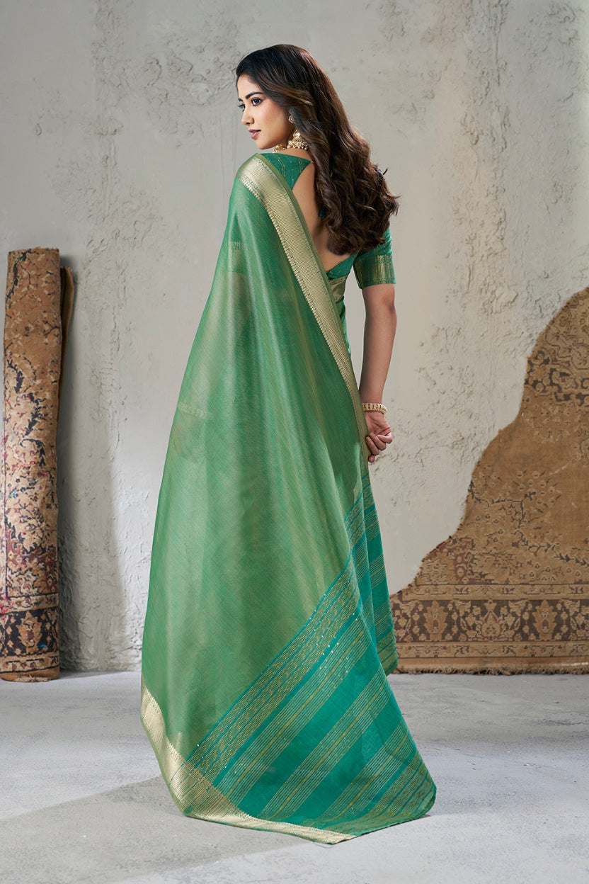 Green Linen Cotton Zari Border Saree