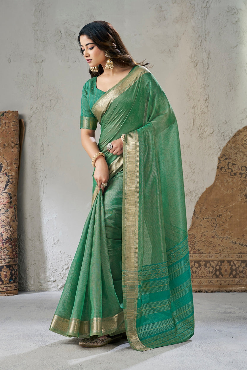 Green Linen Cotton Zari Border Saree