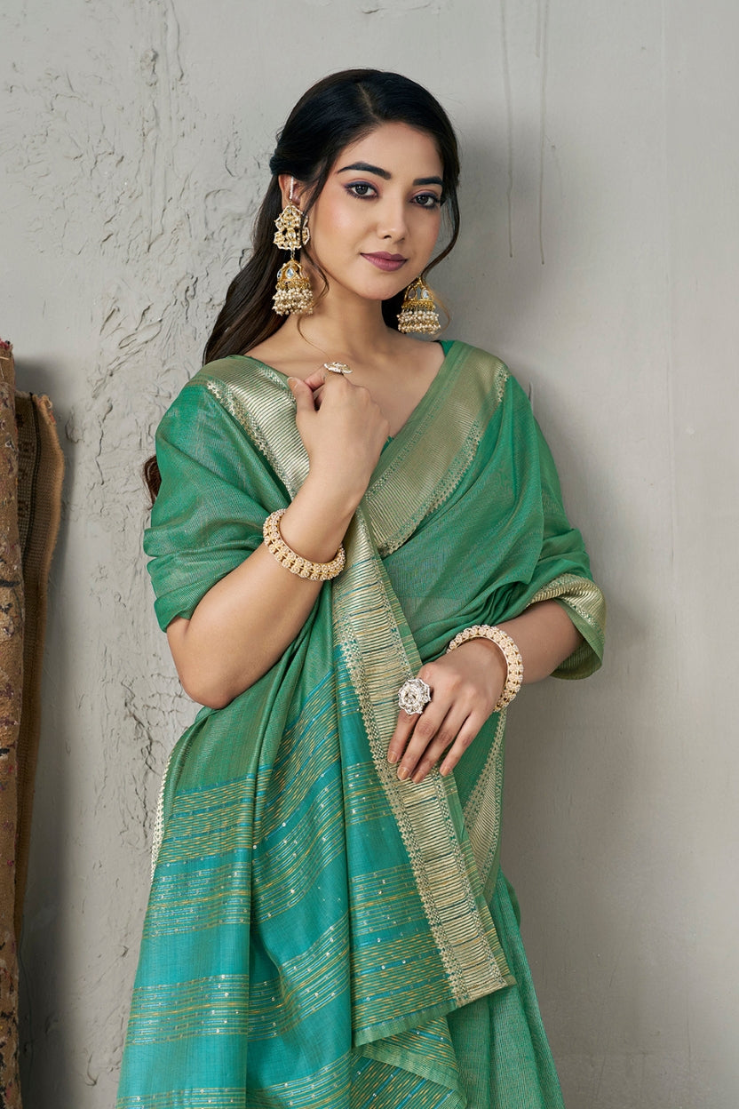 Green Linen Cotton Zari Border Saree