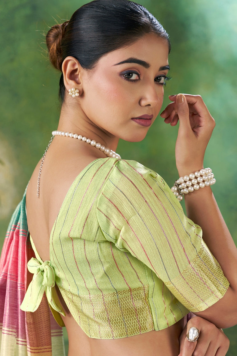 Green Linen Cotton Zari Weaving Saree