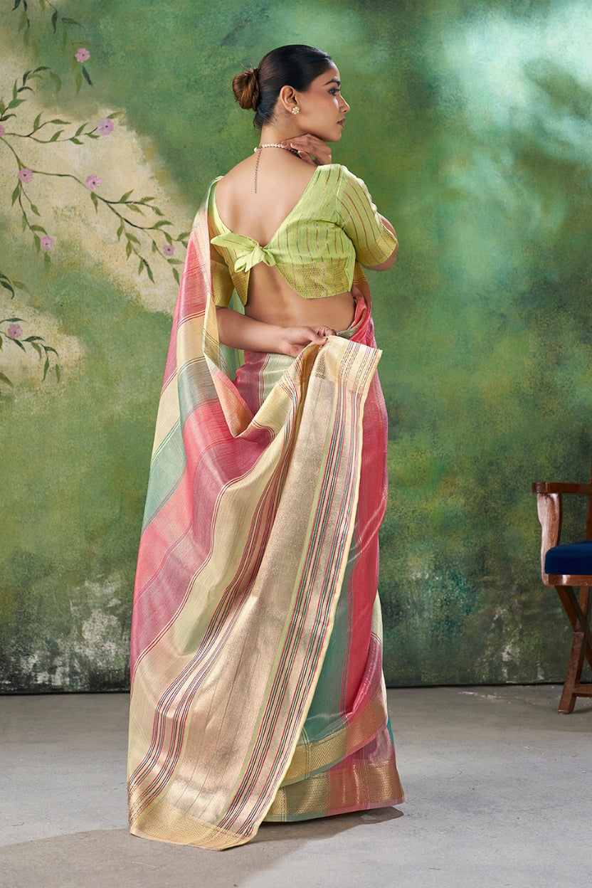 Green Linen Cotton Zari Weaving Saree