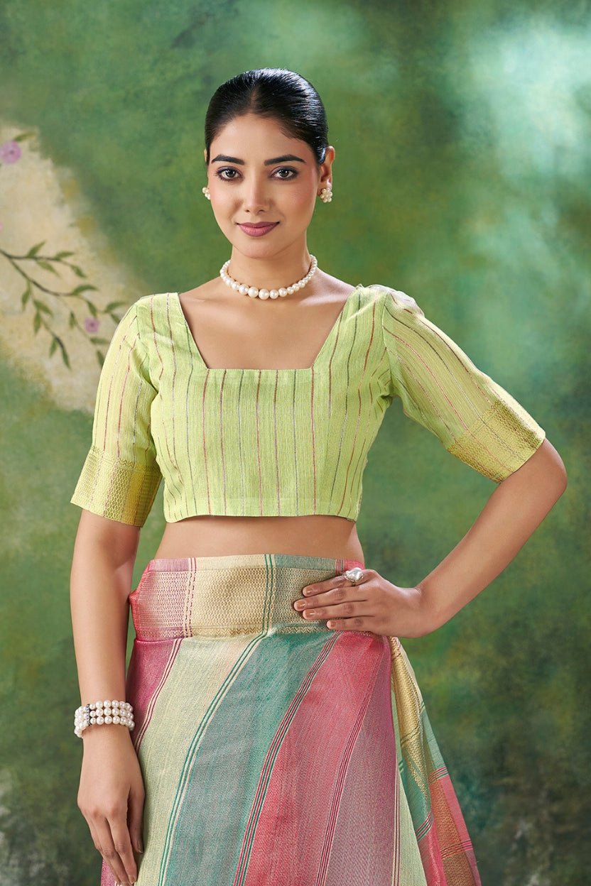 Green Linen Cotton Zari Weaving Saree