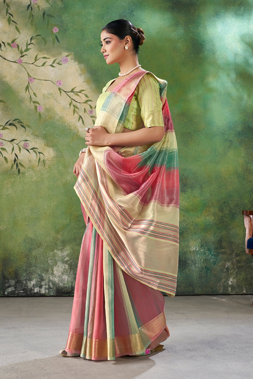 Green Linen Cotton Zari Weaving Saree