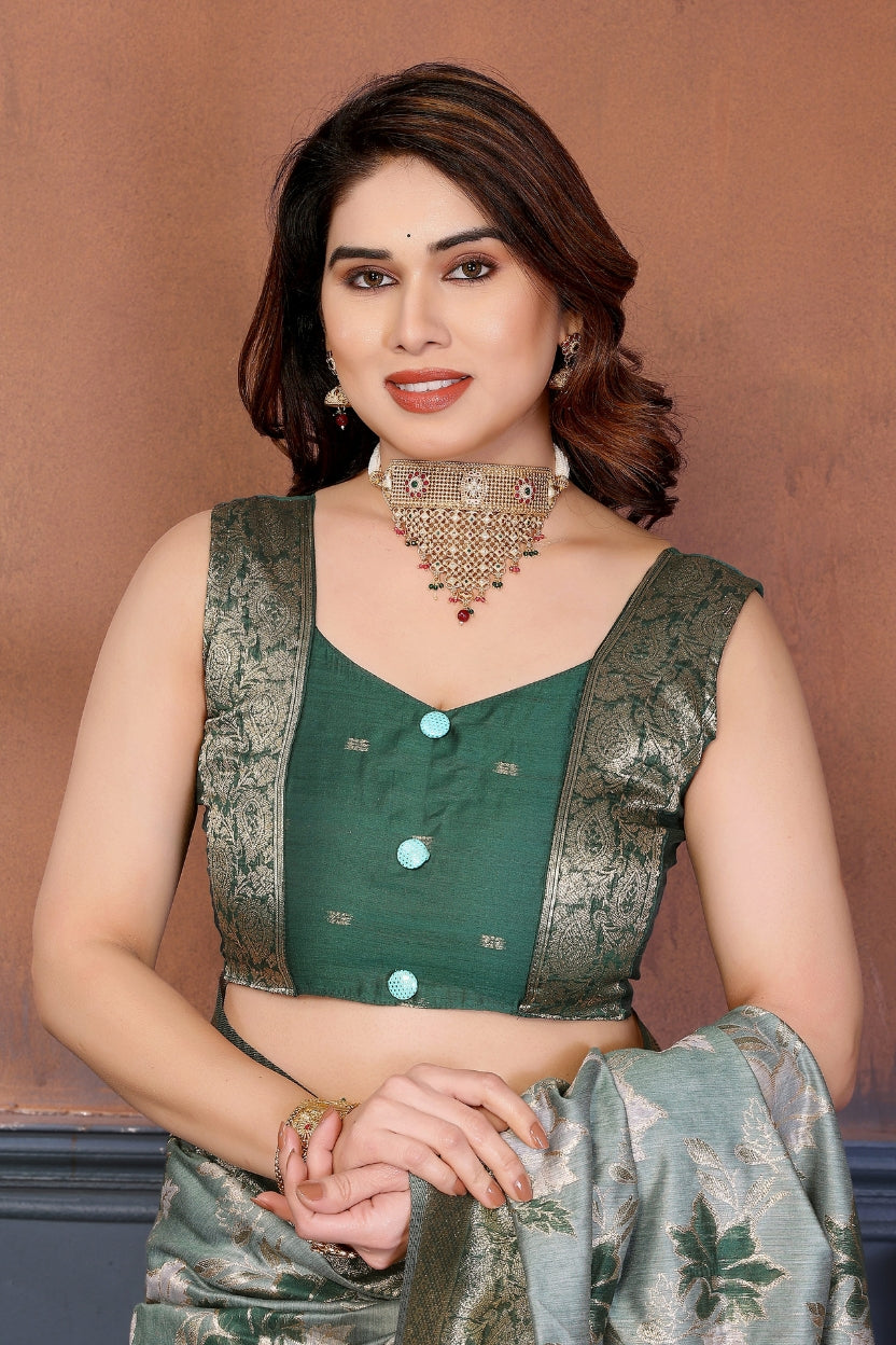 Green Lotus Cotton Blend Jacquard Zari Saree