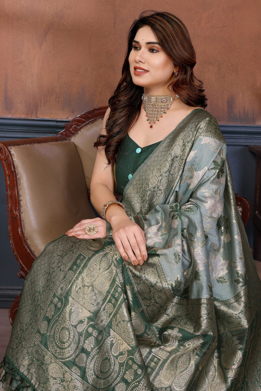 Green Lotus Cotton Blend Jacquard Zari Saree