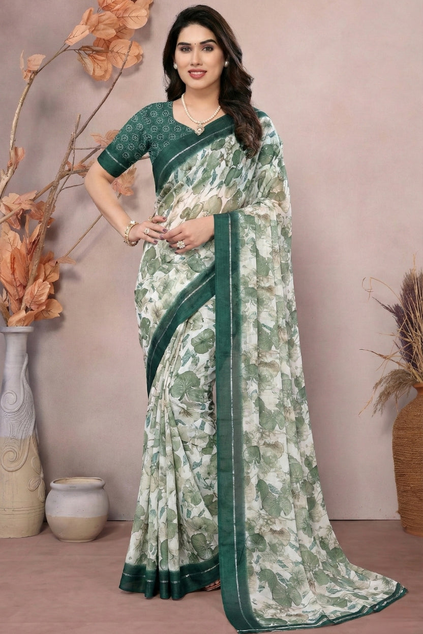 Green Satin Printed Saree