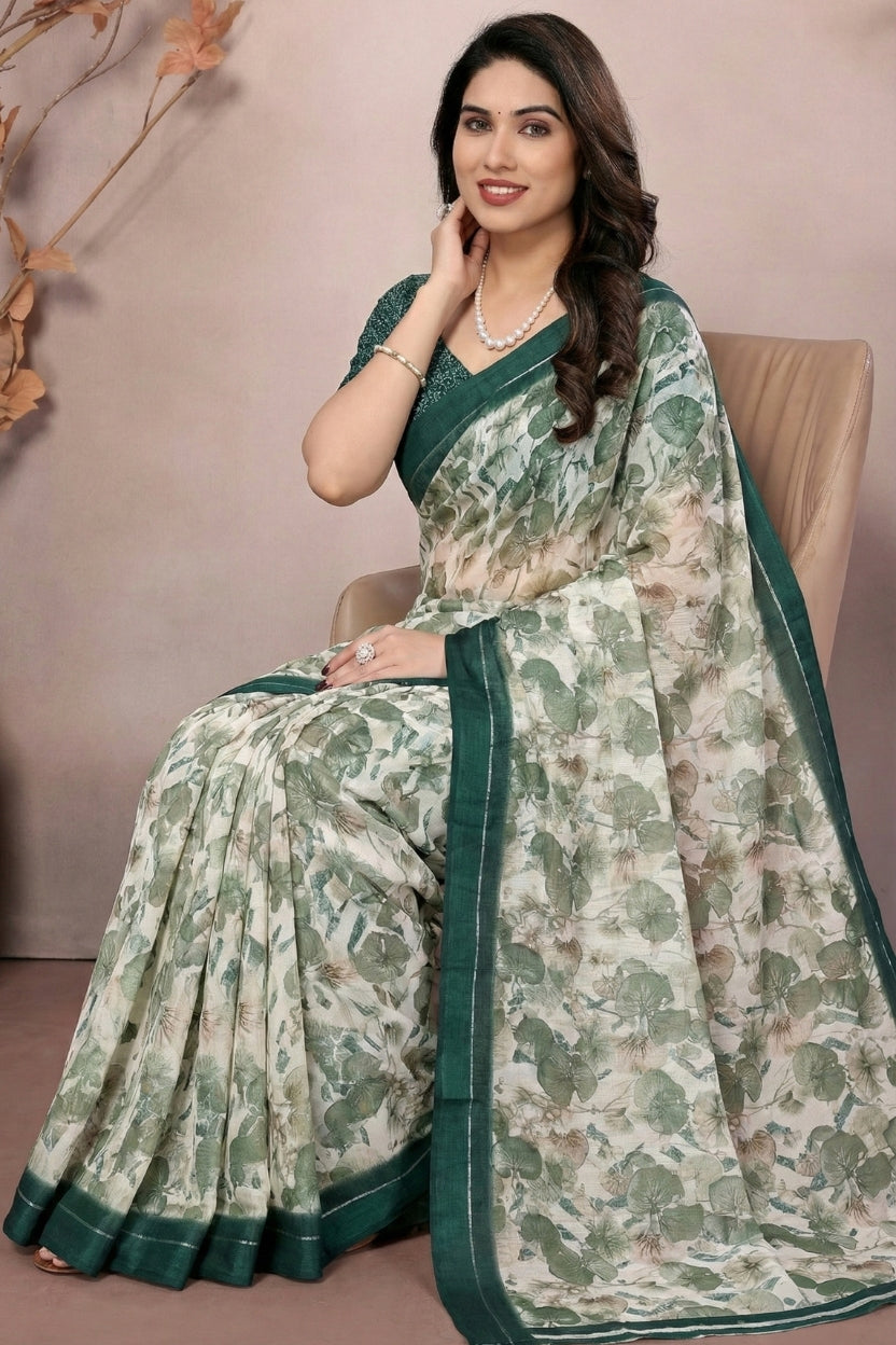 Green Satin Printed Saree