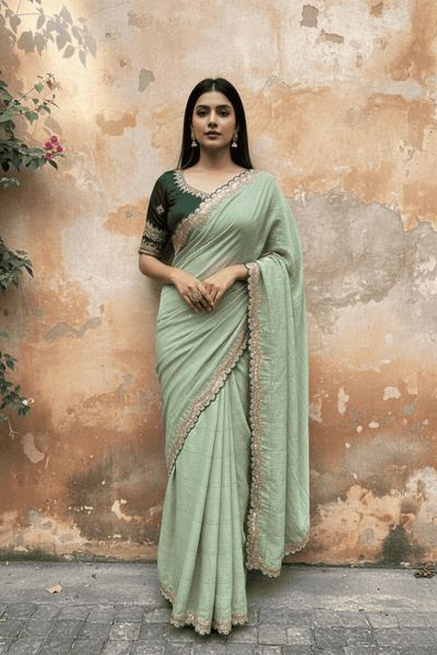 Green Sequined Embroidered Zari Work Saree