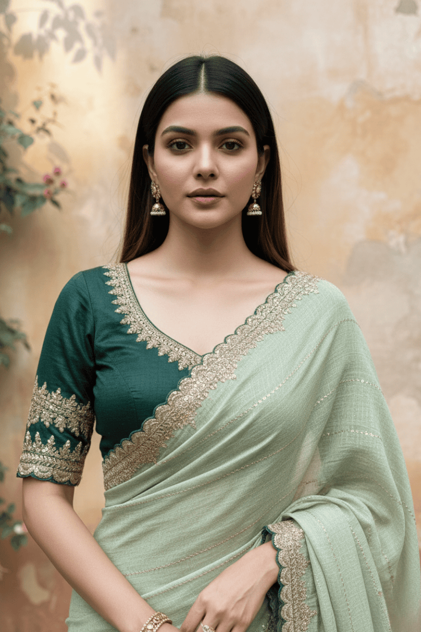 Green Sequined Embroidered Zari Work Saree