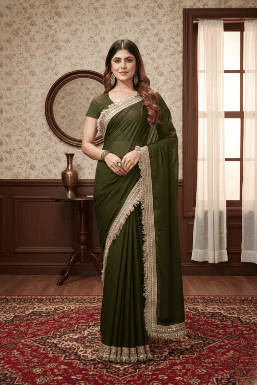 Mehendi Green Solid Georgette Lace Saree