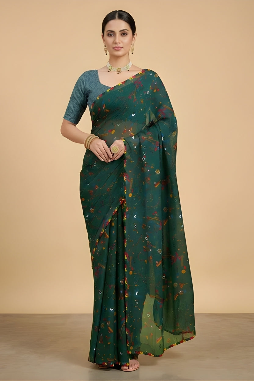 Green Floral Printed Georgette Saree