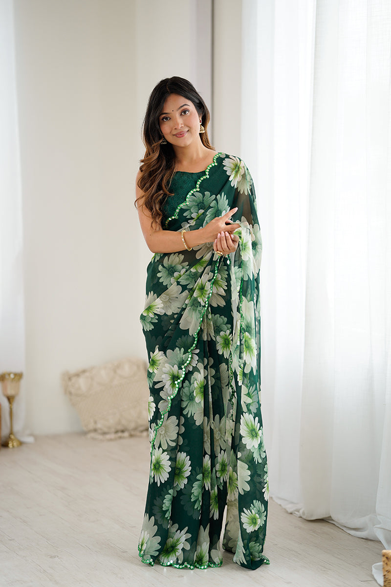 Green Floral Printed Georgette Saree