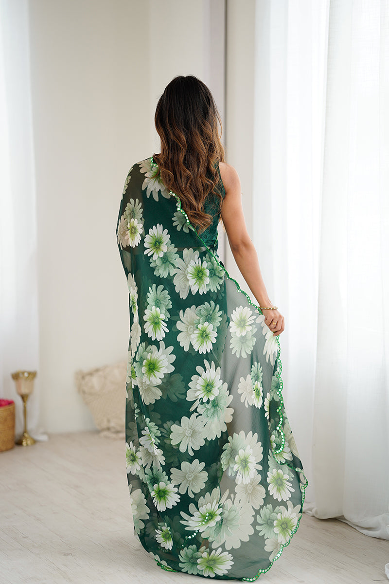 Green Floral Printed Georgette Saree