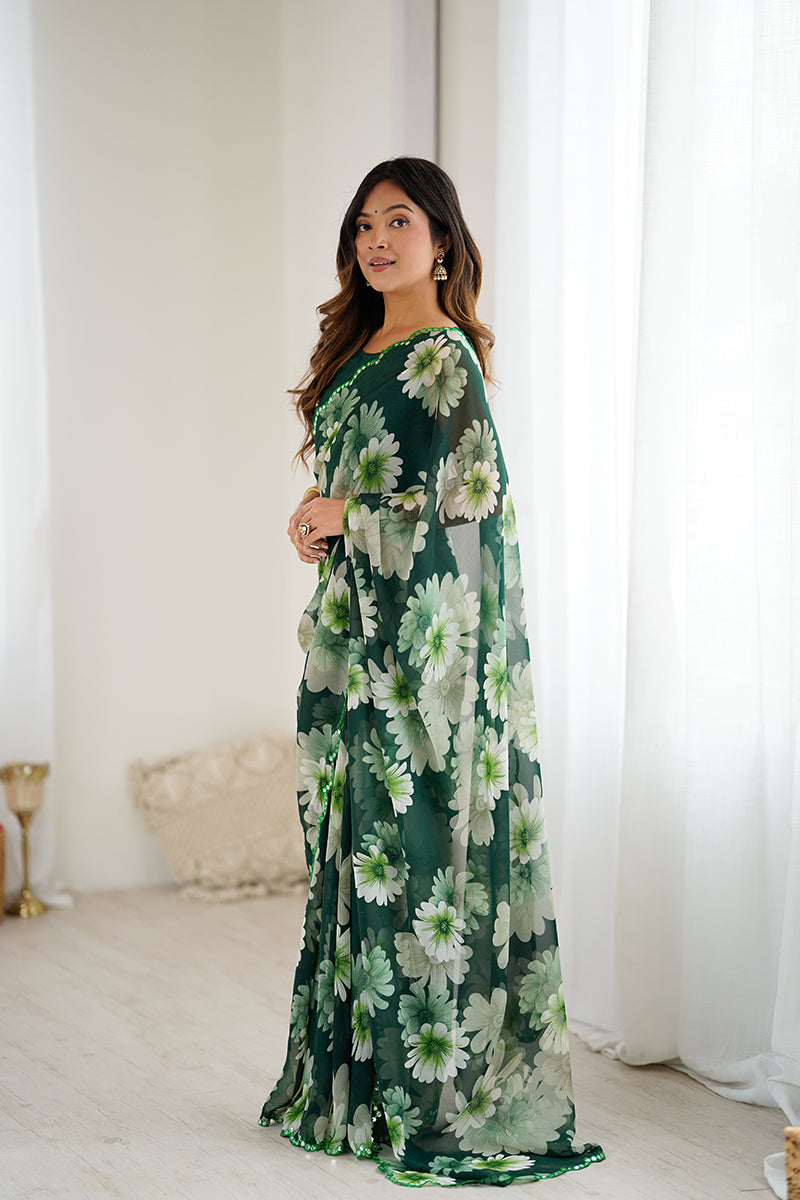 Green Floral Printed Georgette Saree