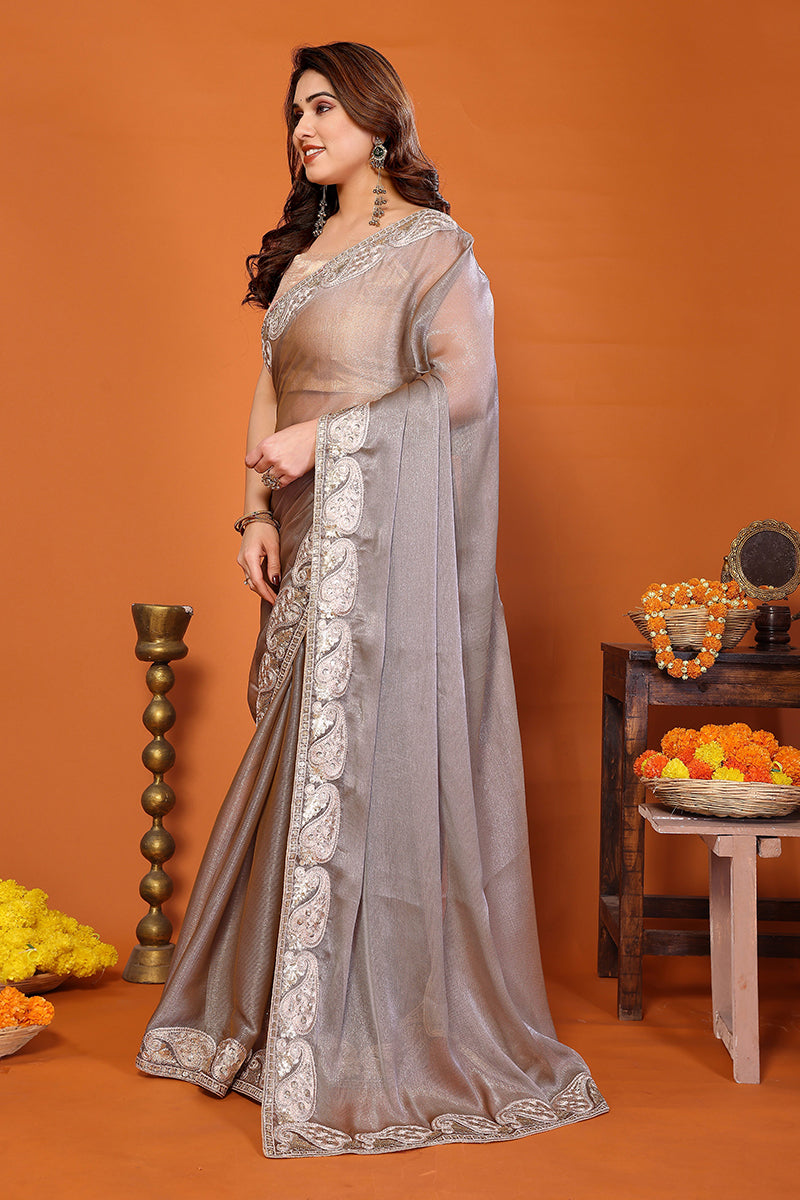 Grey Chiffon Embroidered Saree