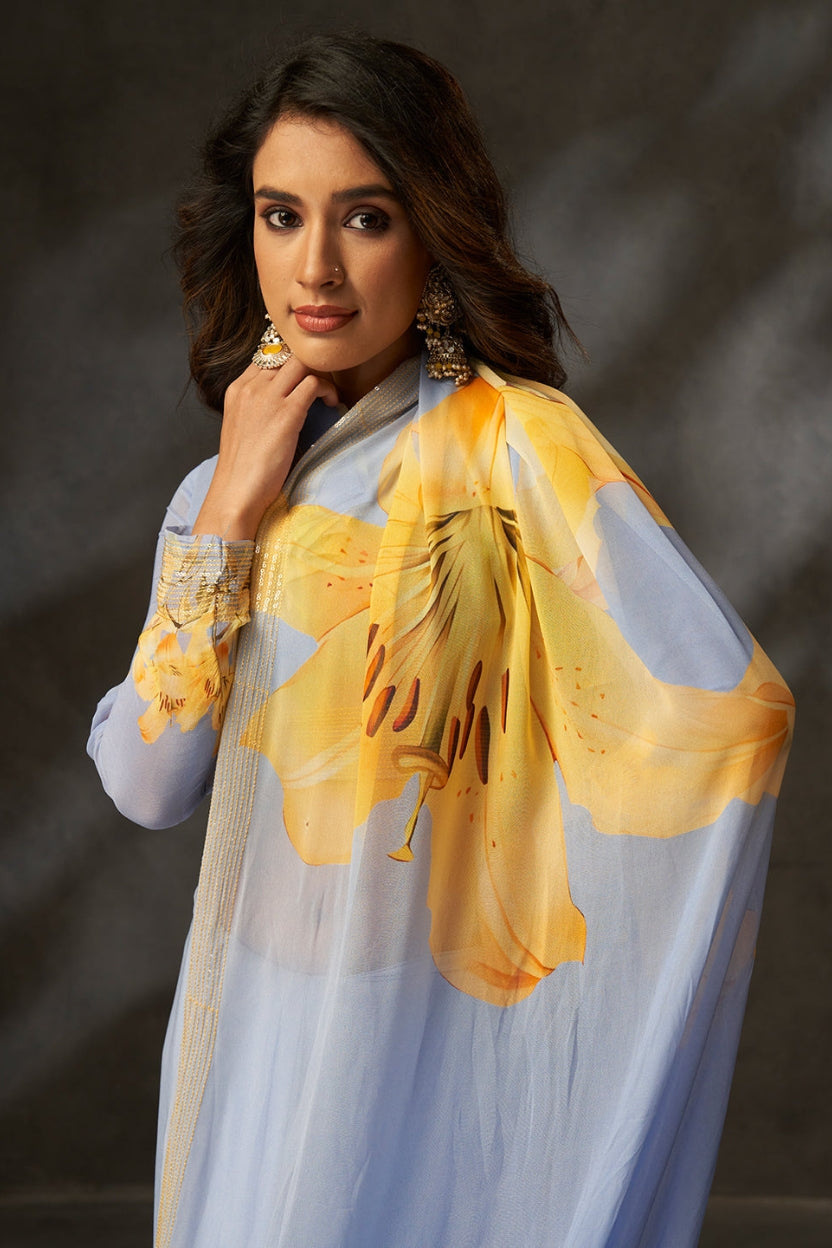 Grey Digital Printed Georgette Saree