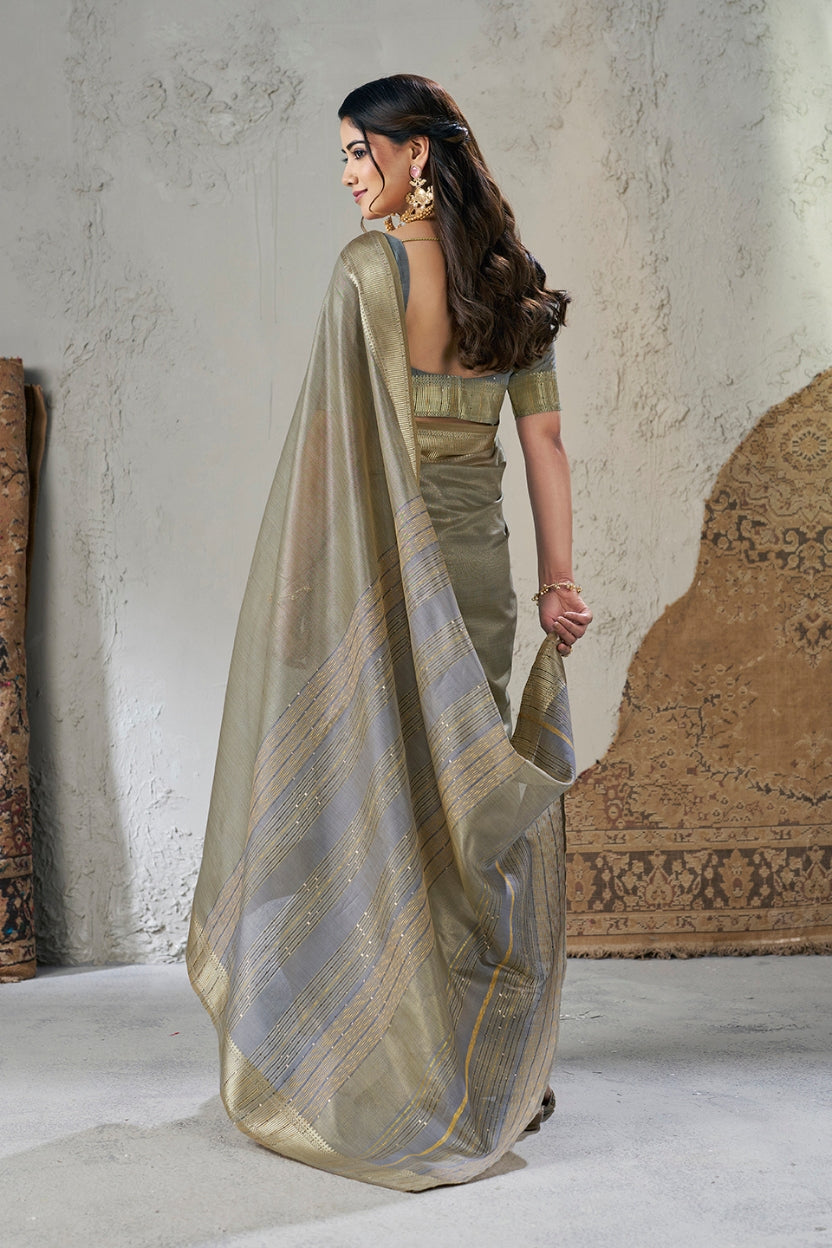 Grey Linen Cotton Zari Border Saree